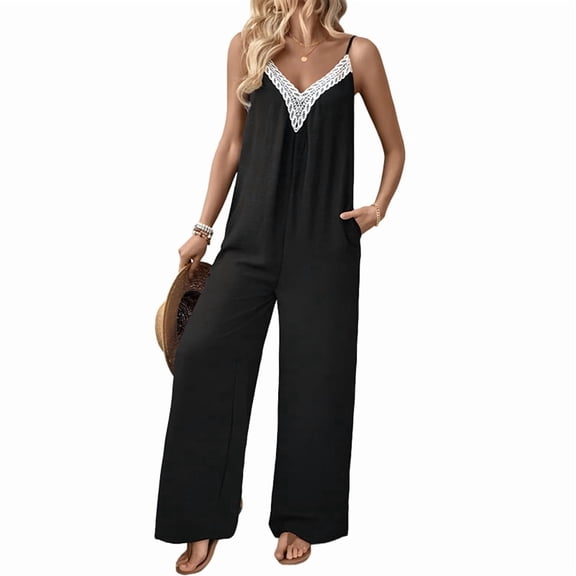 Women Summer Casual Sleeveless Spaghetti Strap Boho Wide Leg Jumpsuits Rompers Dressy 2025 Black XL