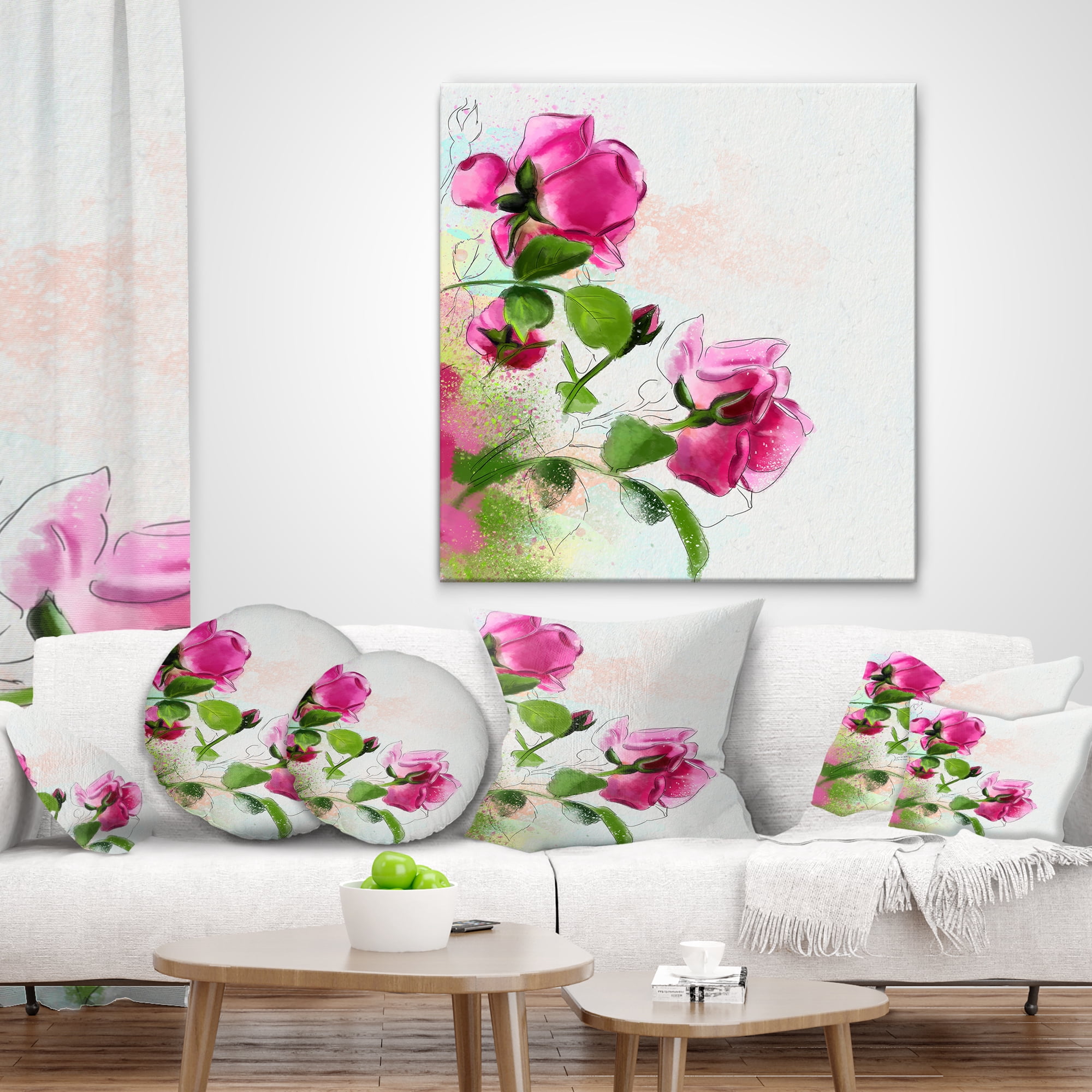 Designart Purple Roses with Green Leaves - Floral Throw Pillow - 12x20
