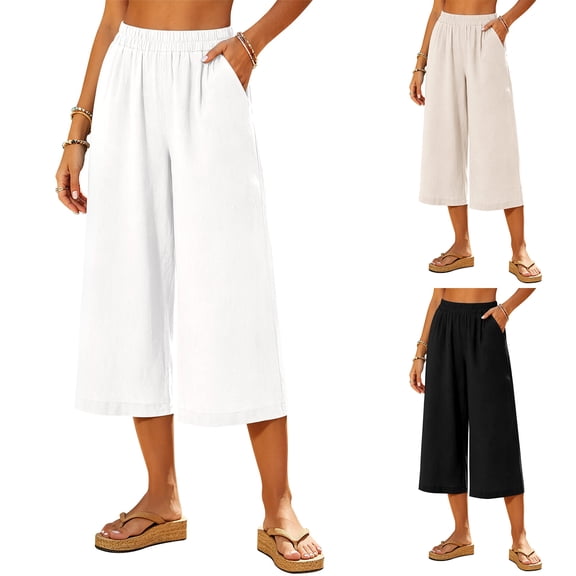 HKYNLAG Wide Leg Capris Pants for Women Palazzo Casual Summer Baggy Loose Pull On Elastic Waist Cropped Trouser White M
