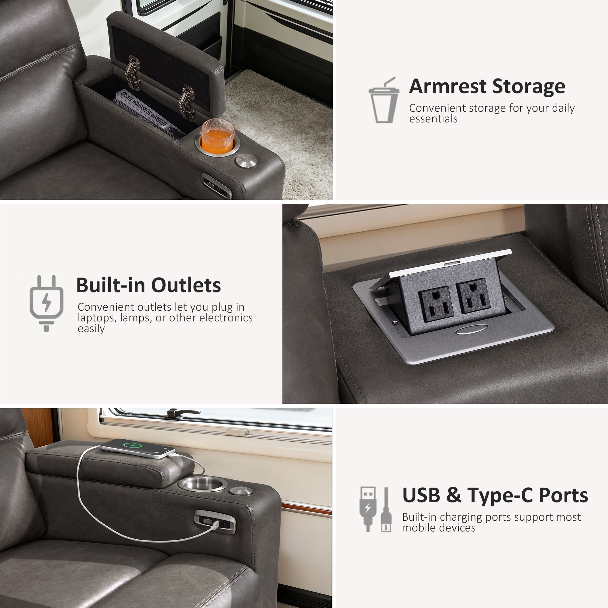MCombo 73" Wall Hugger Power Loveseat Recliner with Console for Small Spaces, RV, 360° Swivel Tray Table, Armrest Storage, Dark Grey