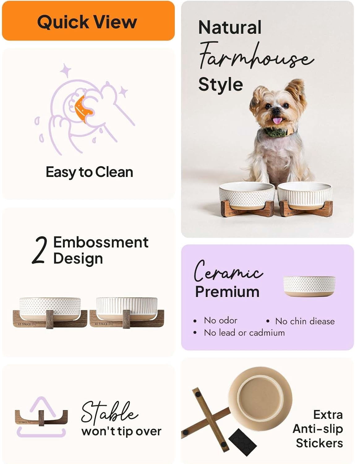 Ceramic Dog Bowls with Wood Stand - 4 Cup Medium Pet Food and Water Dishes Set of 2, Lines and Dot Design