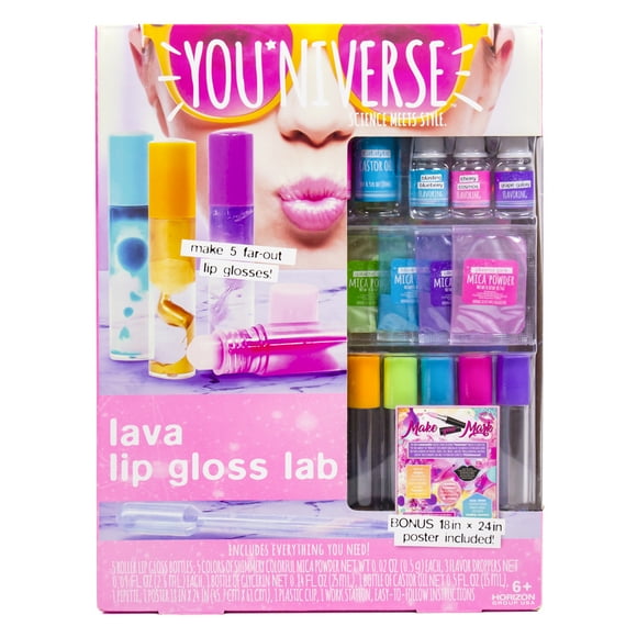 Just My Style Youniverse Lava Lip Gloss Lab by Horizon Group USA, Girl STEM Kit, DIY Lip Gloss Kit, Mix & Make 5 Shimmery Lip Glosses, Includes 5 Roller Lip Gloss Bottles, 3 Flavors, 5 Colors & More