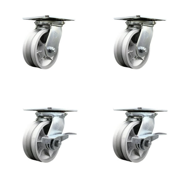 5 Inch V Groove Semi Steel Swivel Caster Set with Ball Bearings 2 Brakes SCC
