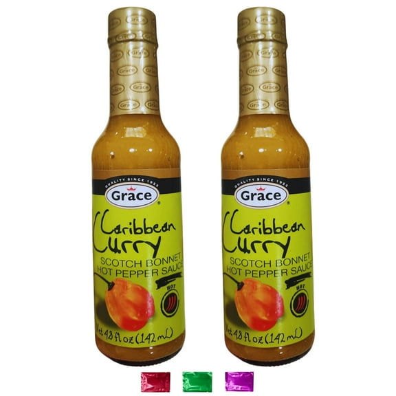Grace Caribbean Curry Scotch Bonnet Hot Pepper Sauce 4.8 Fl Oz 2 Pack, Authentic Jamaican Spicy Curry Hot Sauce for Cooking and Marinade with Snoep in Beperkte Oplage