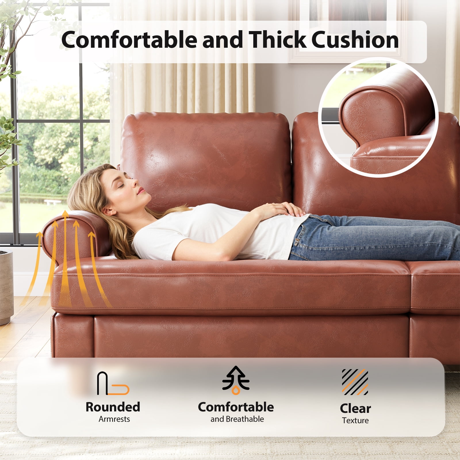 87" Couch Premium PU Leather Sofa, Comfy Extra Deep Seat 3 Seater Couch for Living Room, with 2 Pillows, Brown