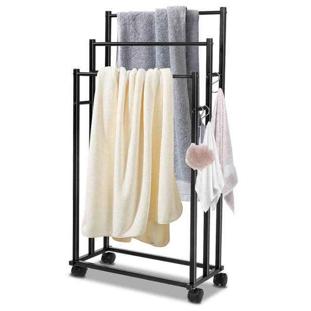 Toallero de Pie con Ruedas de 3 Niveles Hecho en Metal Estante para Colgar Toallas de Piso Toallero Independiente Grande Soporte de Toalla y Mantas No Empotrado para Piscina al Aire Baño 4