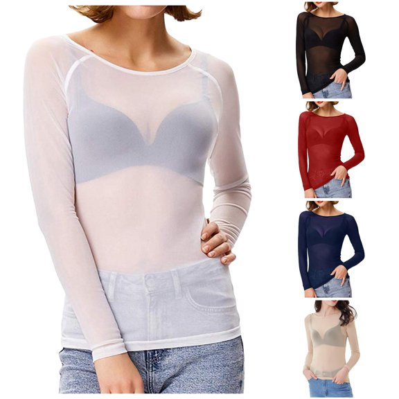 Tanghaowl Womens T Shirts, Women's See Through Long Sleeve Seamless Mesh Blouse Top Arm Shirt White M