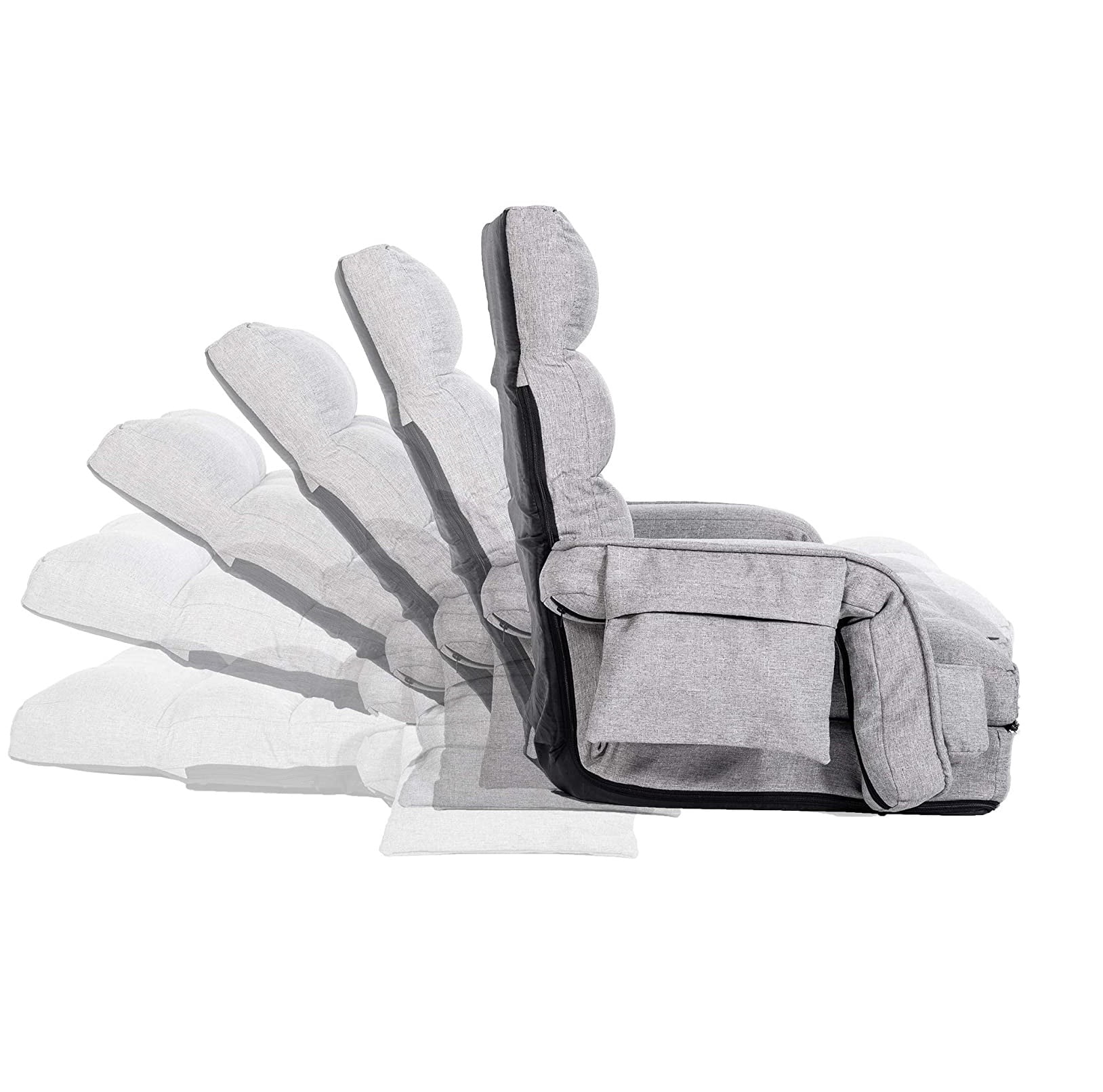 WAYTRIM Lazy Sofa Bed Fold Floor Chair Soft Sleeper In Home Lounger Recliner 6-Position Adjustable with Armrests Pillow Light Gray