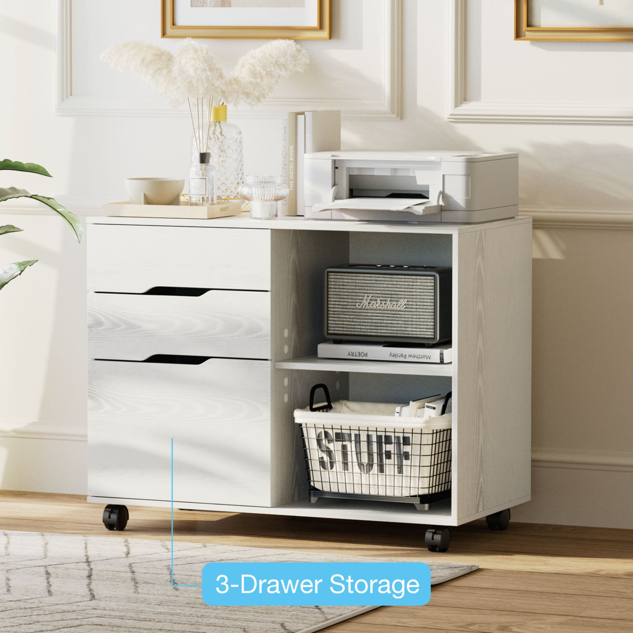 Gianna 3 Drawer File Cabinet with Wheels and Open Storage Shelves for Home Office, White