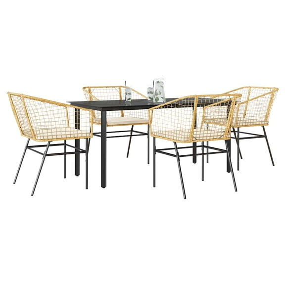 vidaXL 5 Piece Patio Dining Set with Cushions Brown Poly Rattan Glass