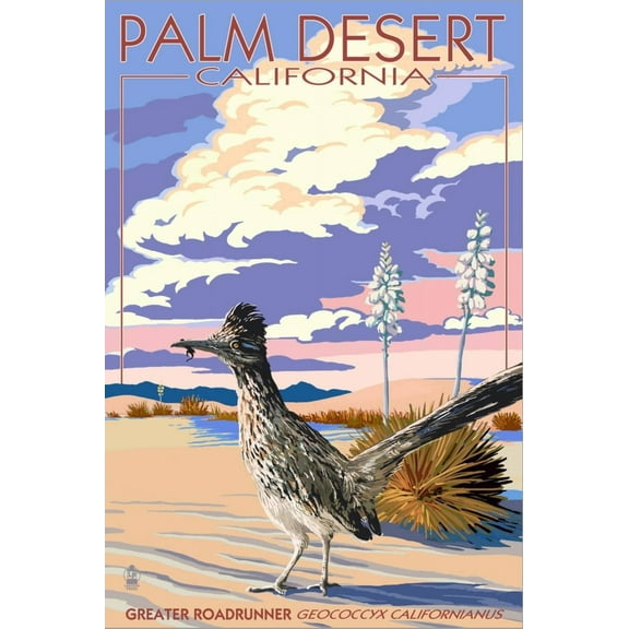 Art.com Palm Desert, California - Roadrunner Scene Stretched Canvas Print Wall Art by Lantern Press, 24" x 36"