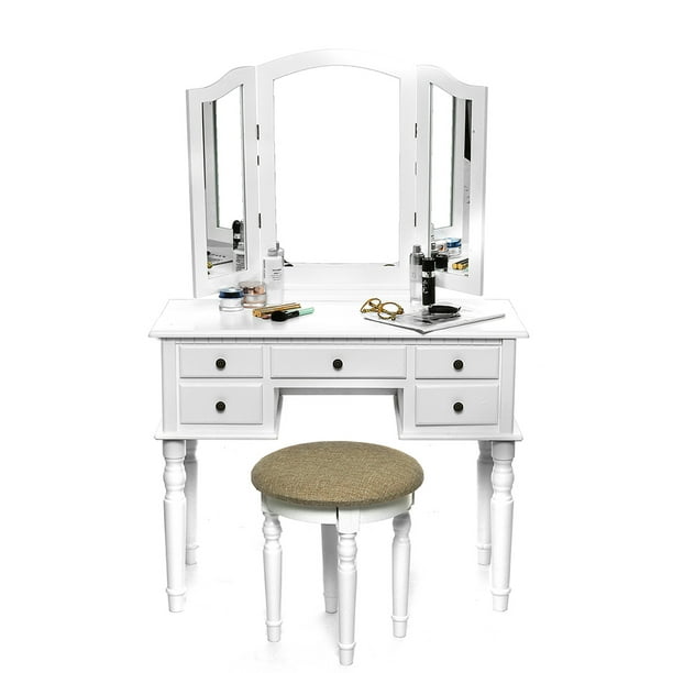 Vanity Jewelry Wooden Makeup Dressing Table Set W/Stool ...