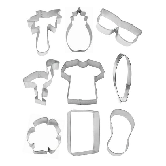 Hawaiian Luau 9 Piece Cookie Cutter Set - Palm Tree, Hawaiian Shirt, Tiki, Flip Flop, Surfboard Cookie Cutters - The Cookie Cutter Shop - Tin Plate Steel