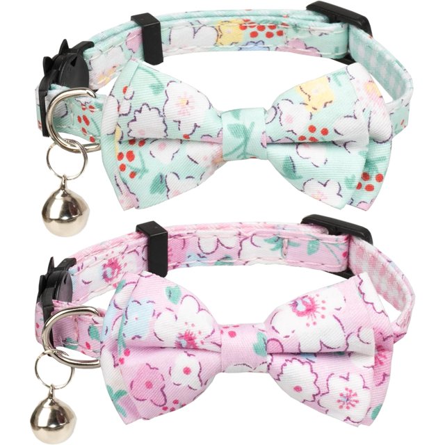 HAHDAXIA Collier Gyapet pour Chats Animaux de Compagnie à Dégagement Rapide avec Clochette Nœud Papillon Floral Nœud Détachable Ajustable Sécurité Chiot 2 Pcs Vert et Rose Poirier