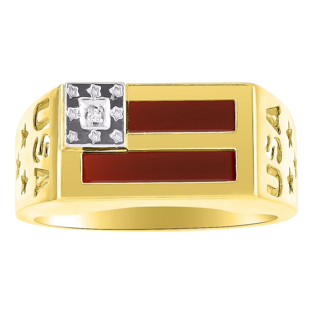 Diamond & Red Onyx Ring Sterling Silver or Yellow Gold Plated Silver Patriotic USA 