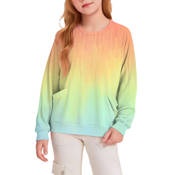 Ruyang Girls Rainbow Shirts Kids Tie Dye Long Sleeve Basic Layer T-Shirts Winter Crewneck Pullover Sweatshirts Pockets