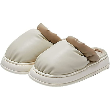 

PIKADINGNIS Unisex Plush Slippers PU Leather Winter House Slippers Fleece Lined Cozy House Shoes 2022