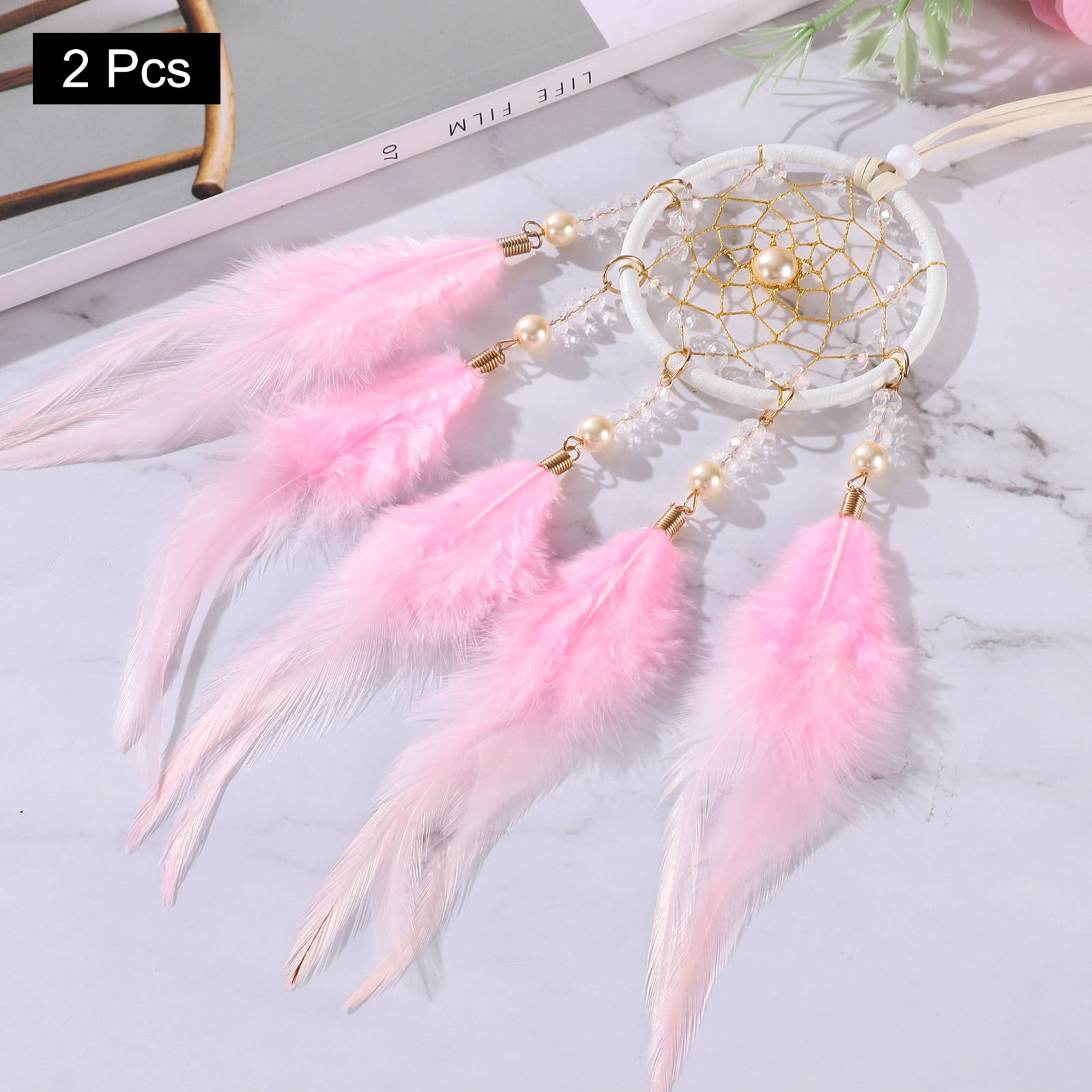 Unique Bargains Dream Catchers Handmade Feather Dreamcatcher with Crystal Beads Pink