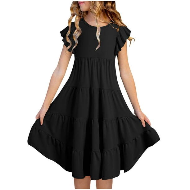 HAOTAGS Little Girls Short Sleeve Dresses Solid Color Summer Casual Swing  Sundress Black Size 14 T - Walmart Business Supplies