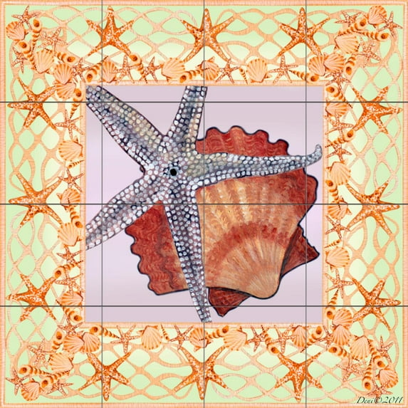 Tile Mural Bathroom Backsplash - Seashell Square 3-DF - by Denise Freeman