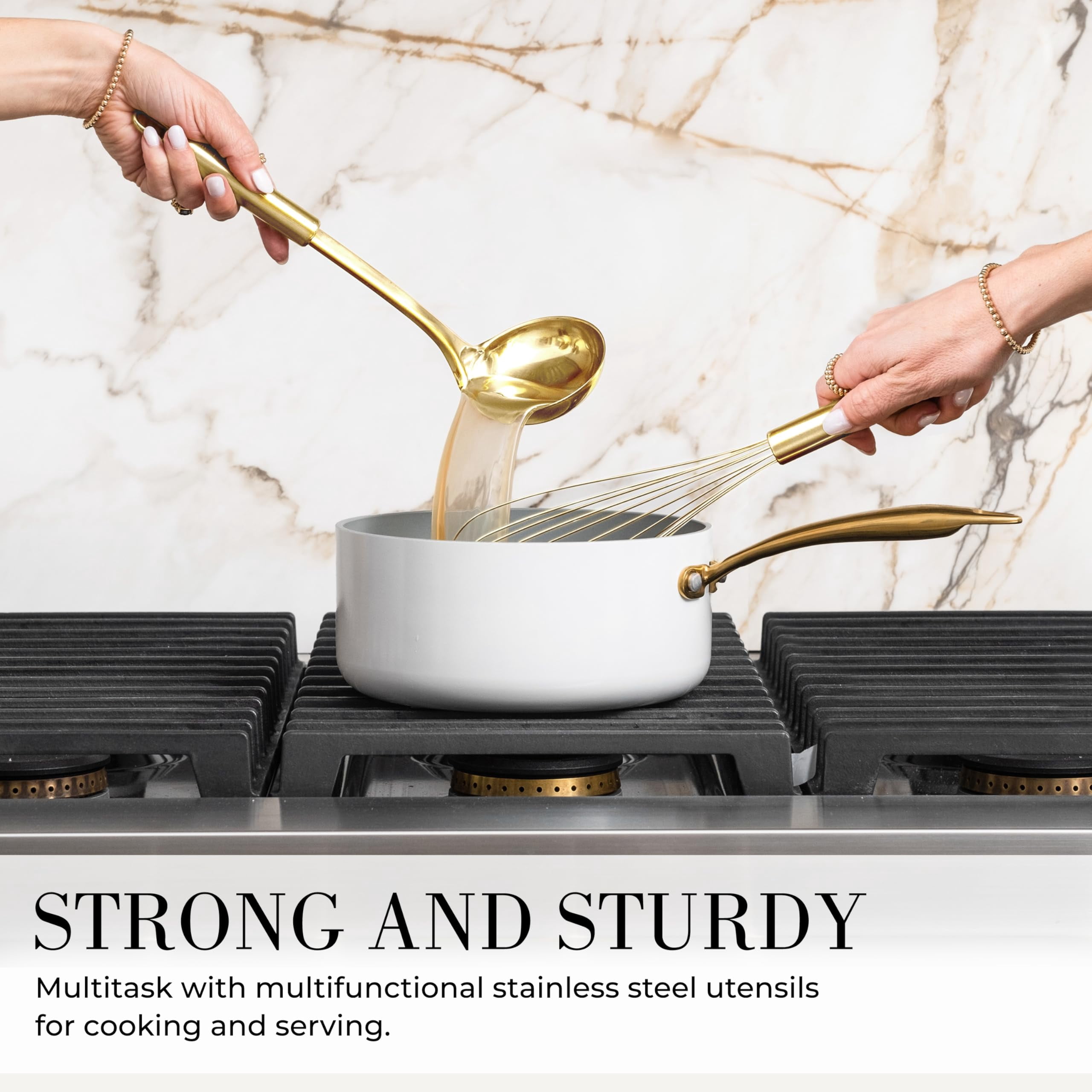 Styled Settings White and Gold Kitchen Utensils Set - 15-Piece Non-Scratch, White and Gold Utensils Set Includes White Silicone Cooking Utensils and White and Gold Measuring Cups and Spoons