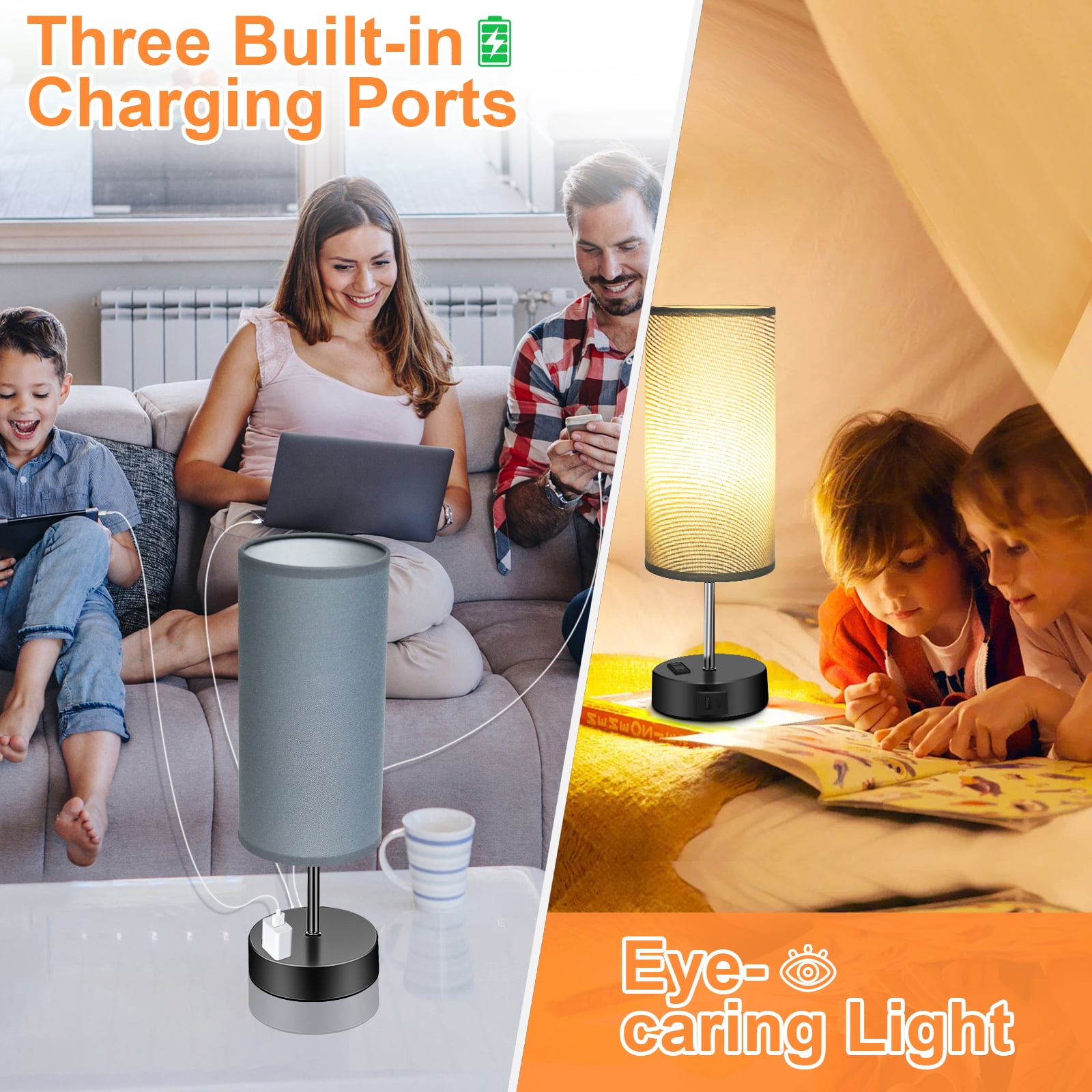 Table Lamps for Bedroom, 3 Way Dimmable Touch Control Bedside Lamp with USB C+A Fast Charging Ports, Nightstand Lamp for Office, Living Room, Reading(E26 Light Bulb Included), Grey