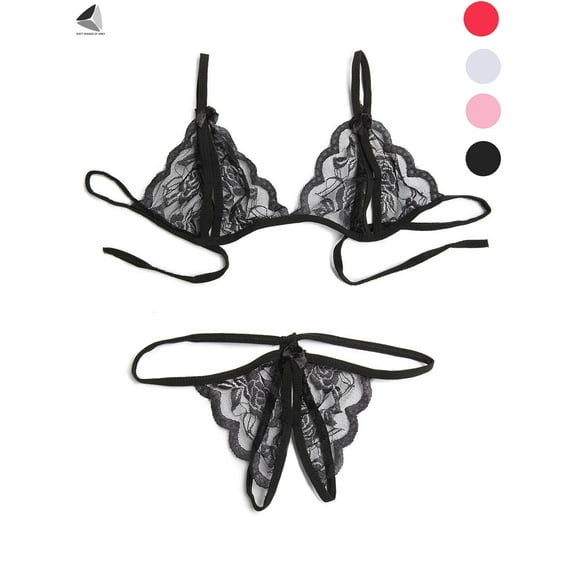 PULLIMORE Womens Sexy Lingerie Lace Bra Thong Panty Set Babydoll Underwear (Black, L)