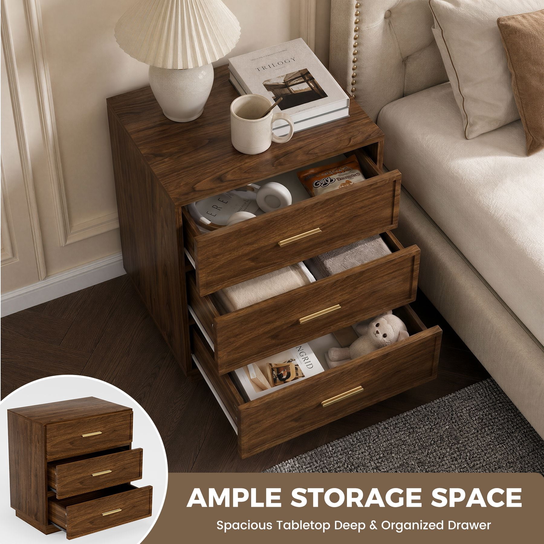 MOONMISS Modern 3-Drawer Nightstand Set of 2,Bedside Table with Sturdy Base & Gold Handles for Bedroom,Living Room,Walnut Finish