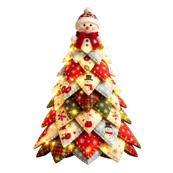 DIY Fabric Patchwork Lighted Christmas Tree Kit, Plaid Floral Cloth Tabletop Tree with Santa Reindeer Ornaments, Warm LED Holiday Centerpiece for Indoor Xmas Farmhouse Home Decor