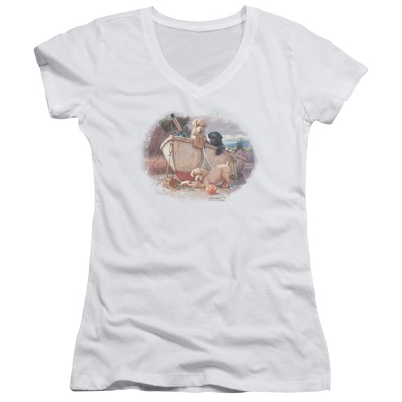 Wildlife Lunch Break Lab Pups Junior Women's T-Shirt V-Neck T-Shirt White