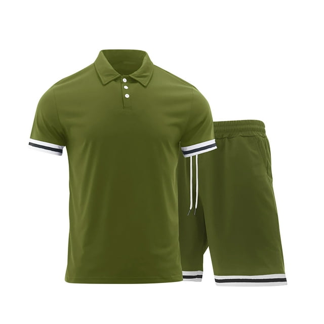 Camisas de Manga Corta de los Hombres Turn-Down Collar Conjunto de Coincidencia, Conjunto Corto de los Hombres de Poliéster Ligero