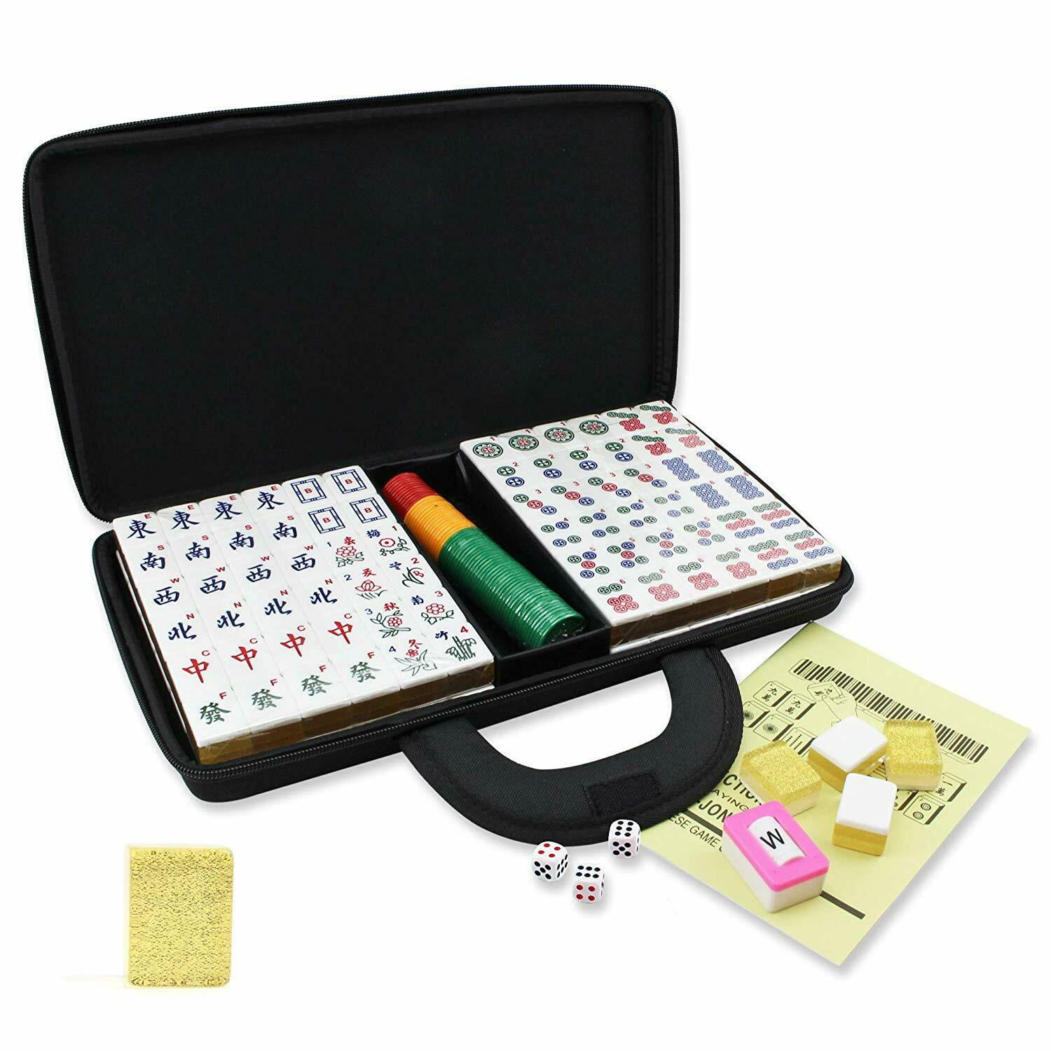 QWZ Chinese Mahjong Set,Portable 144 Tiles Acrylic Material Mah-Jongg with Mini Mahjong Table,Travel Family Leisure Time 