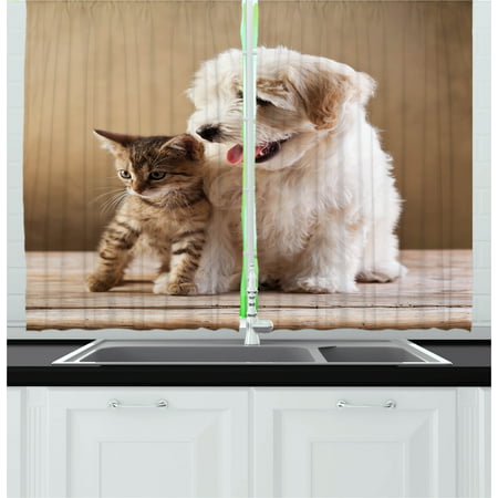 Animal Curtains 2 Panels Set, Cute Baby Cat Kitten and Puppy Dog Best Friends Image Photo Artwork, Window Drapes for Living Room Bedroom, 55W X 39L Inches, Sand Brown Cream and White, by (Best Treatment For Parvo In Puppies)
