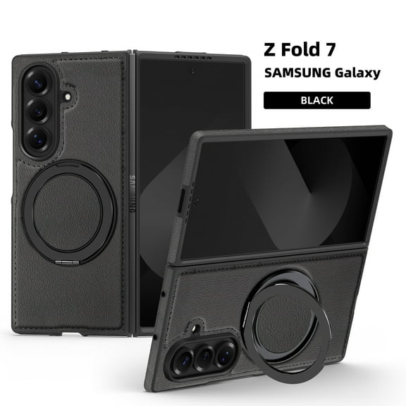 Magnetic Ring Stand Case for Samsung Galaxy Z Fold 7, with 360° Rotatable Ring Holder, Compatible with MagSafe, Business PU Leather Slim Shockproof Cover for Samsung Galaxy Z Fold 7, Black