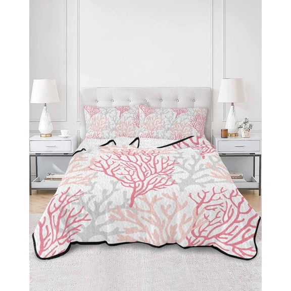 Quilts Full Size, Pink Grey Coral Coastal Soft Comforter Bedding Set for Bed, Summer Beach Seaside Nautical Lightweight Quilted Bedspread with Pillow Cover(2 Pieces) for All Season, 78x90 Inch
