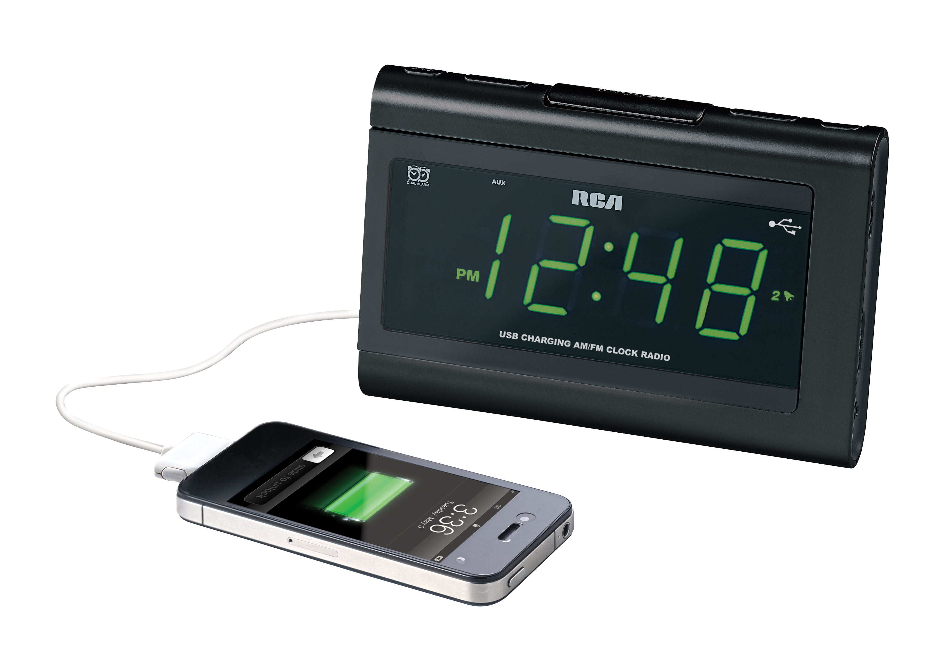 RCA Clock Radio RC-142C Dual Alarm Wake USB Charging Aux In Black Case Tested* 