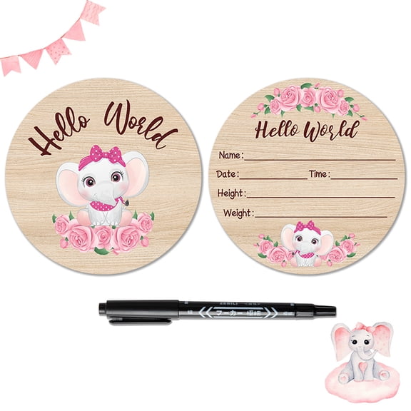Belanttega Pink Elephant Baby Birth Announcement Round Board with Marker pen Set - "HELLO WORLD" Sign with DIY Date, Weight & Height for Newborn Photo Props