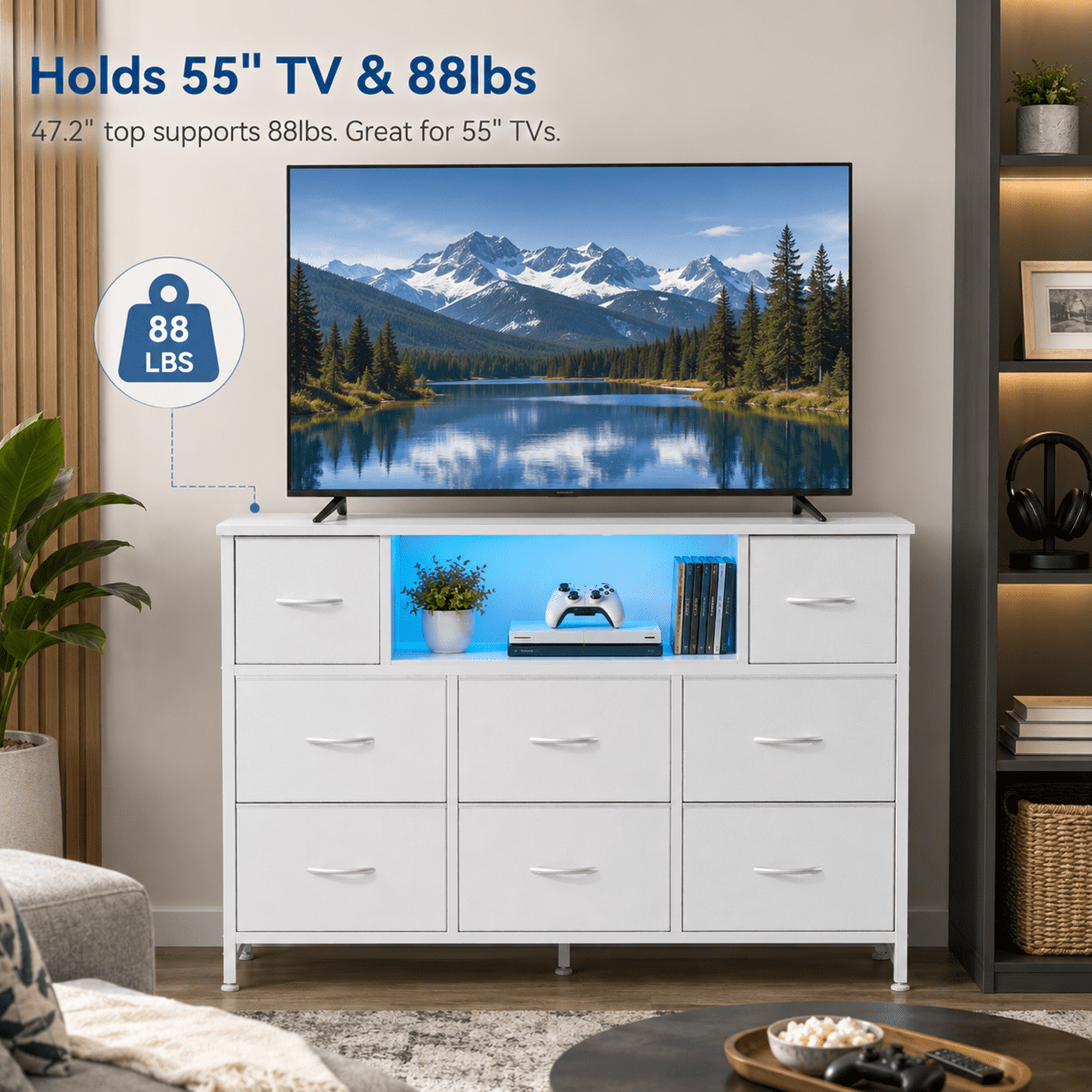 Alvantor Dresser TV Stand for 45, 50, 55 inch TV, Entertainment Center with LED Lights & Charging Station, Chest of Drawers with 8 Fabric Drawers and Open Shelves for Living Room, Hallway, Wood Top