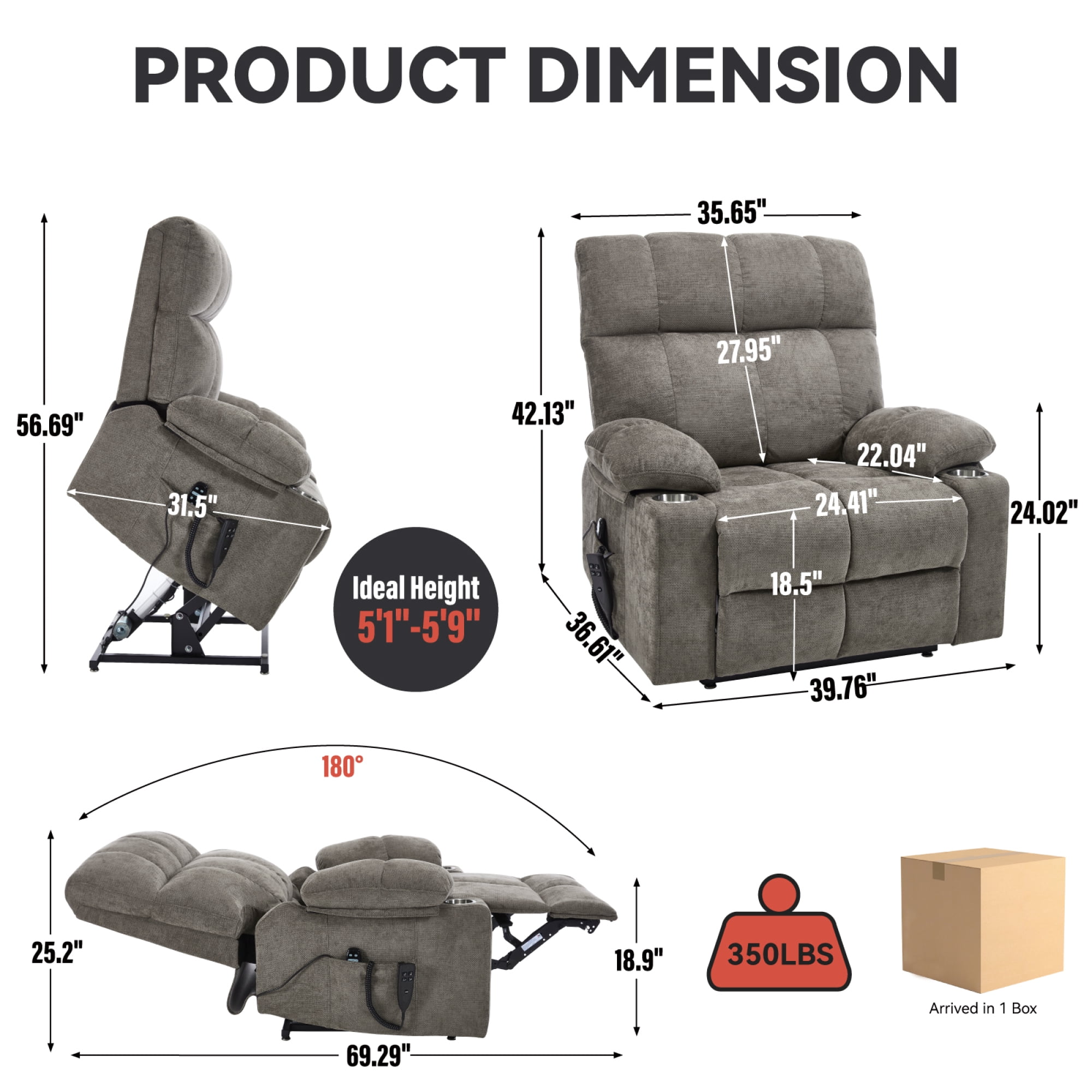 Leumius Power Lift Recliner Chair for Elderly,Heavy Duty Recliner with 8-Point Vibration Massage and Lumbar Heating,Infinite Position,Up to 350 LBS,Brown