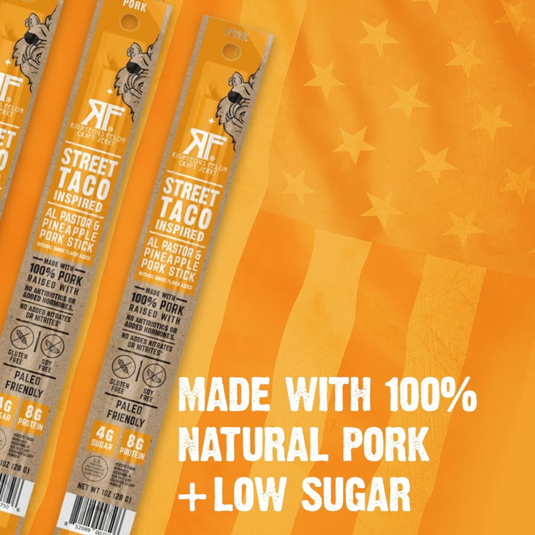 Righteous Felon Mini Pork Sticks, Healthy High Protein Kids Snack, Low Sugar, Street Taco, 24 Ct