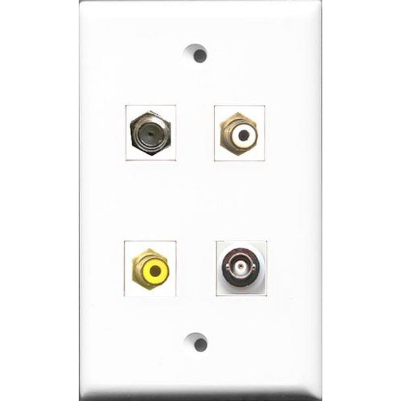RiteAV 1 Port RCA White and 1 Port RCA Yellow and 1 Port Coax Cable TV- F-Type and 1 Port BNC Wall Plate
