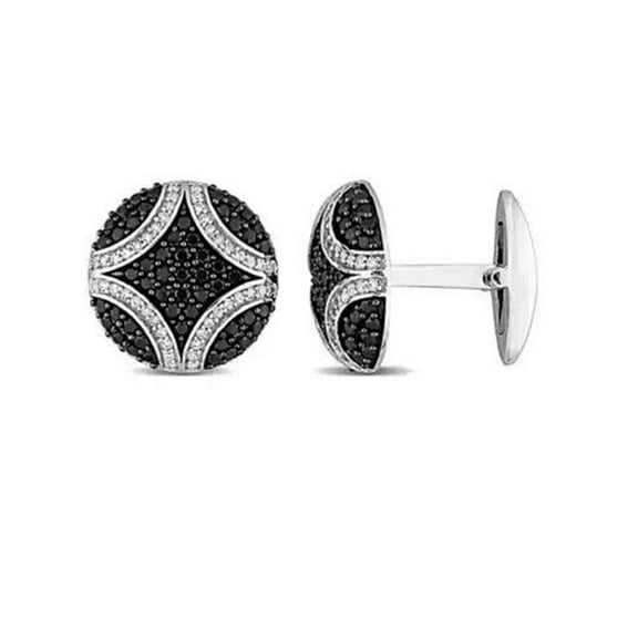 2.00CT Round Cut Black & White Simulated Diamond 925 Silver Men's Cufflinks In 14k White Gold Plated