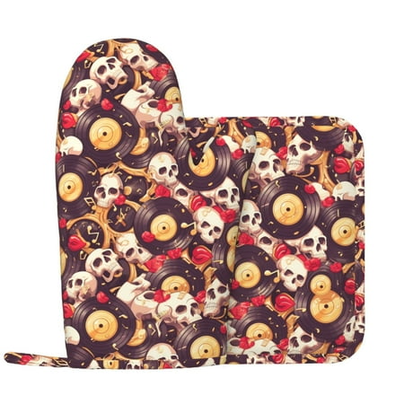 

Oven Mitts and Pot Holders Sets Skull record lips Non-Slip Silicone Oven Gloves Potholders Cotton Lining Heat Resistant Gloves Hot Pads for Kitchen Cooking Baking