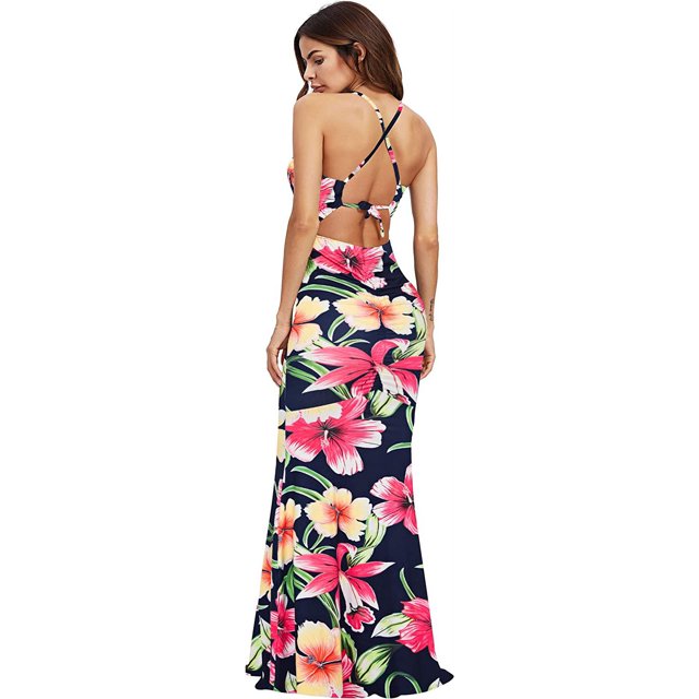 Women's Strappy Backless Summer Evening Party Maxi Dress Flor azul marino M Flor azul marino M Xishao ropa