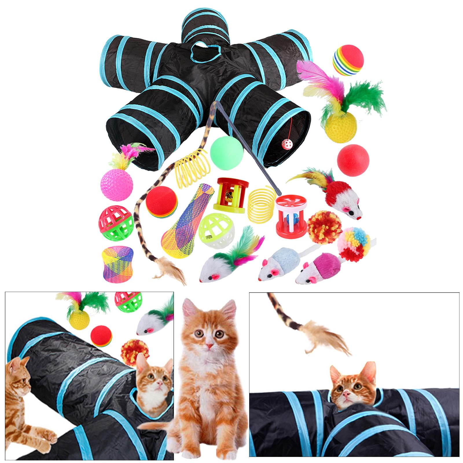 22 piece Interactive Cat Toy Sets,Collapsible Cat Tunnels for Indoor Cats, Feather Teaser Crinkle Balls Spring Toy Catnip Fish for Cats , B99504
