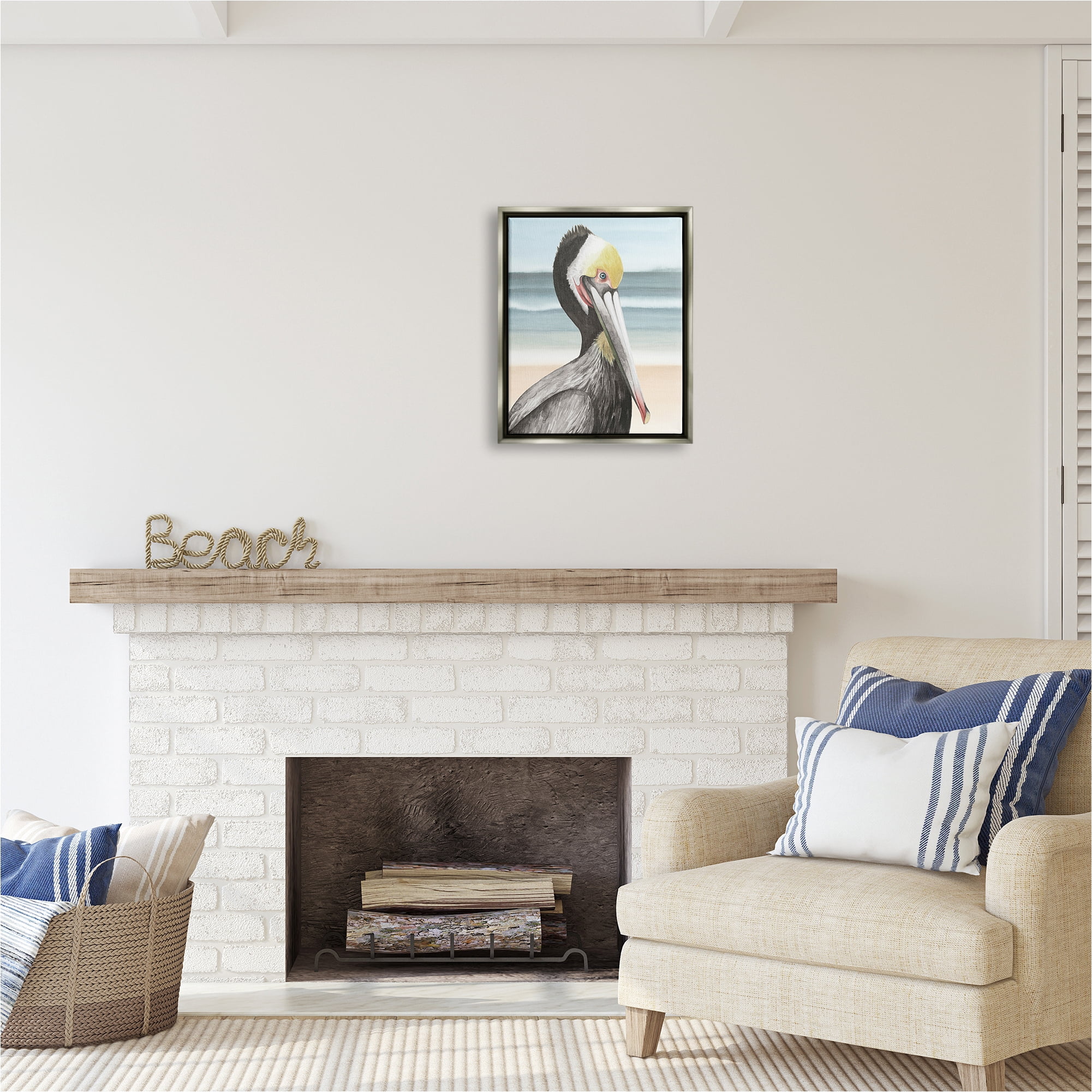 Stupell Industries Pelican Portrait on Beach Animals & Insects Painting Gray Floater Framed Canvas Art Print Wall Art, 17 x 21