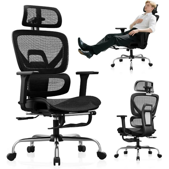SELOOYE Ergonomic Office Chair with Footrest, Mesh Desk Chair with 135° Recline, Adjustable Lumbar Support, 3D Armrests and Headrest, Swivel Computer Chair for Home Office
