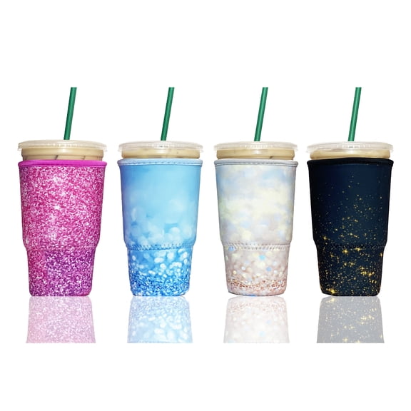 Baxendale and Co 4-Pack Large (32oz) Reusable Neoprene Insulator Sleeve for Iced Coffee or Cold Beverage Cups (Glitter Print Mix 2)