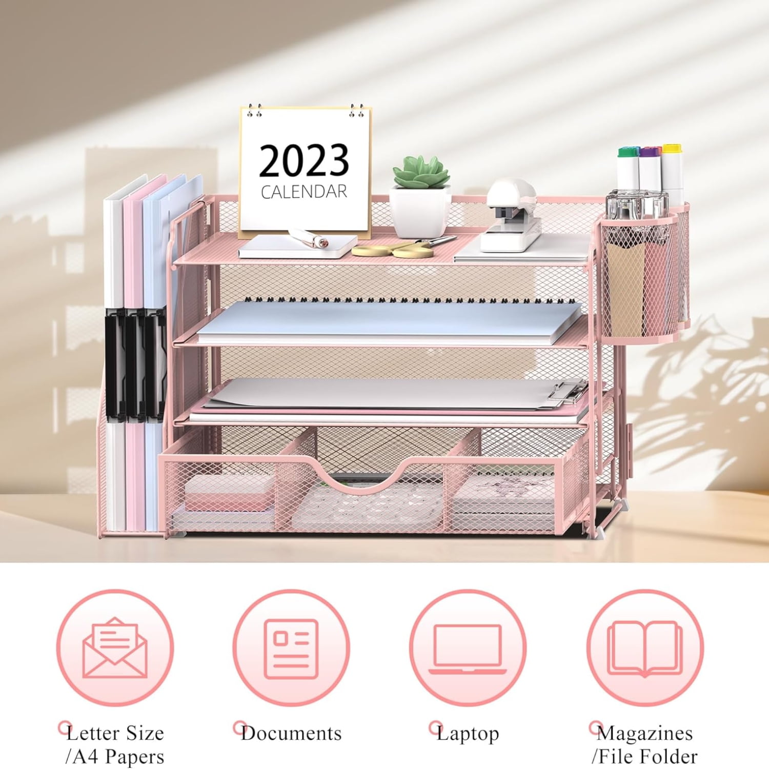 INTIGE 4-Tier Metal Desk Organizer with File Holder, 1 Drawer, 2 Pen Holders, Paper Organizer, Pink