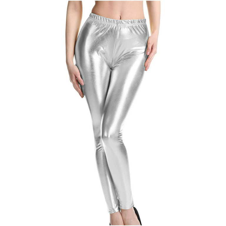 Womens Metallic Shiny Stretch Leggings Elastic High Waist Skinny Leather PU  Pants Trousers Clubwear for Women